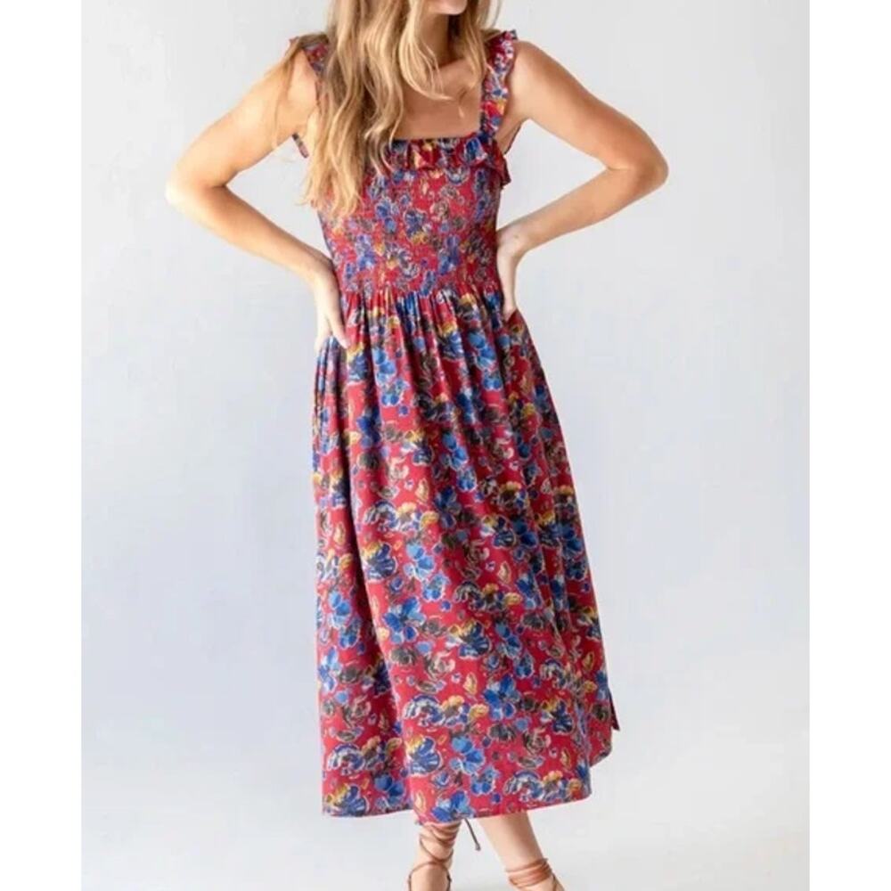 Natural Life Megan Smocked Midi Dress Floral Ruffle Square Neck Sleeveless Boho - Picture 12 of 12